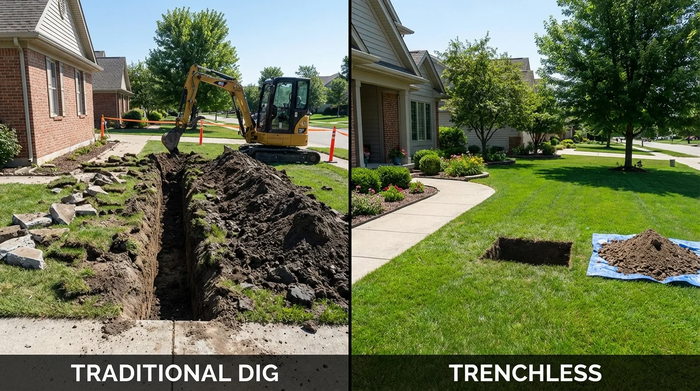 Trenchless sewer repair with minimal yard damage versus traditional excavation in Dover, AR
